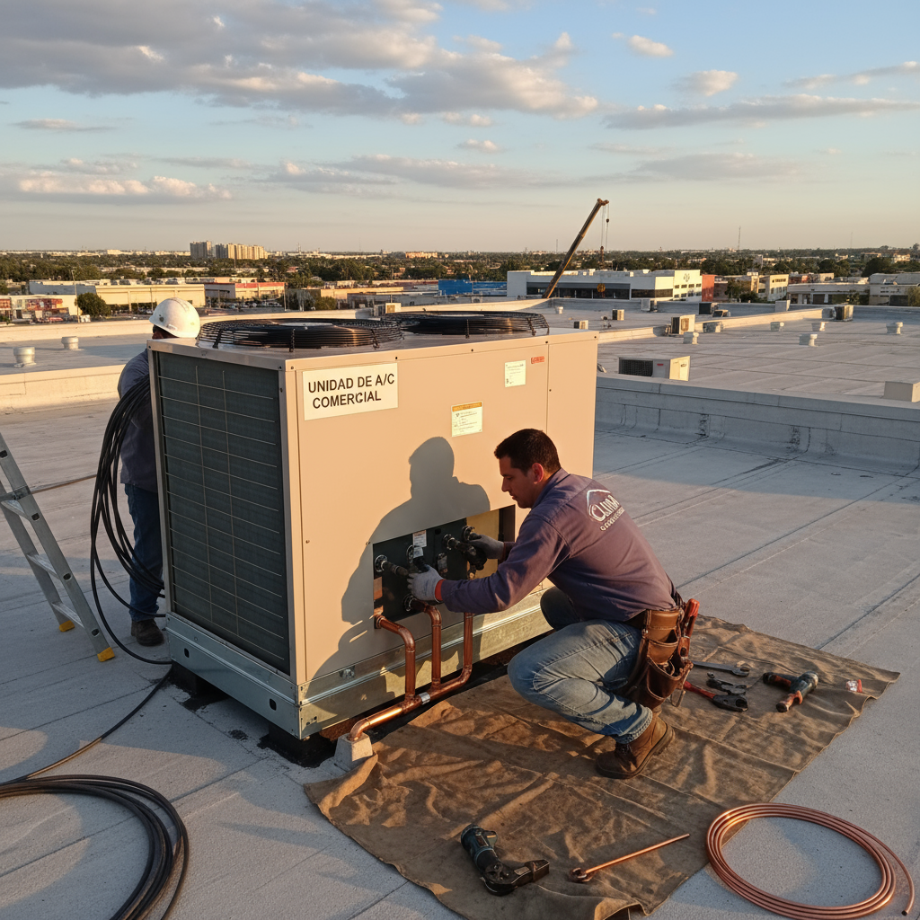 Technician working on HVAC rooftop unit
